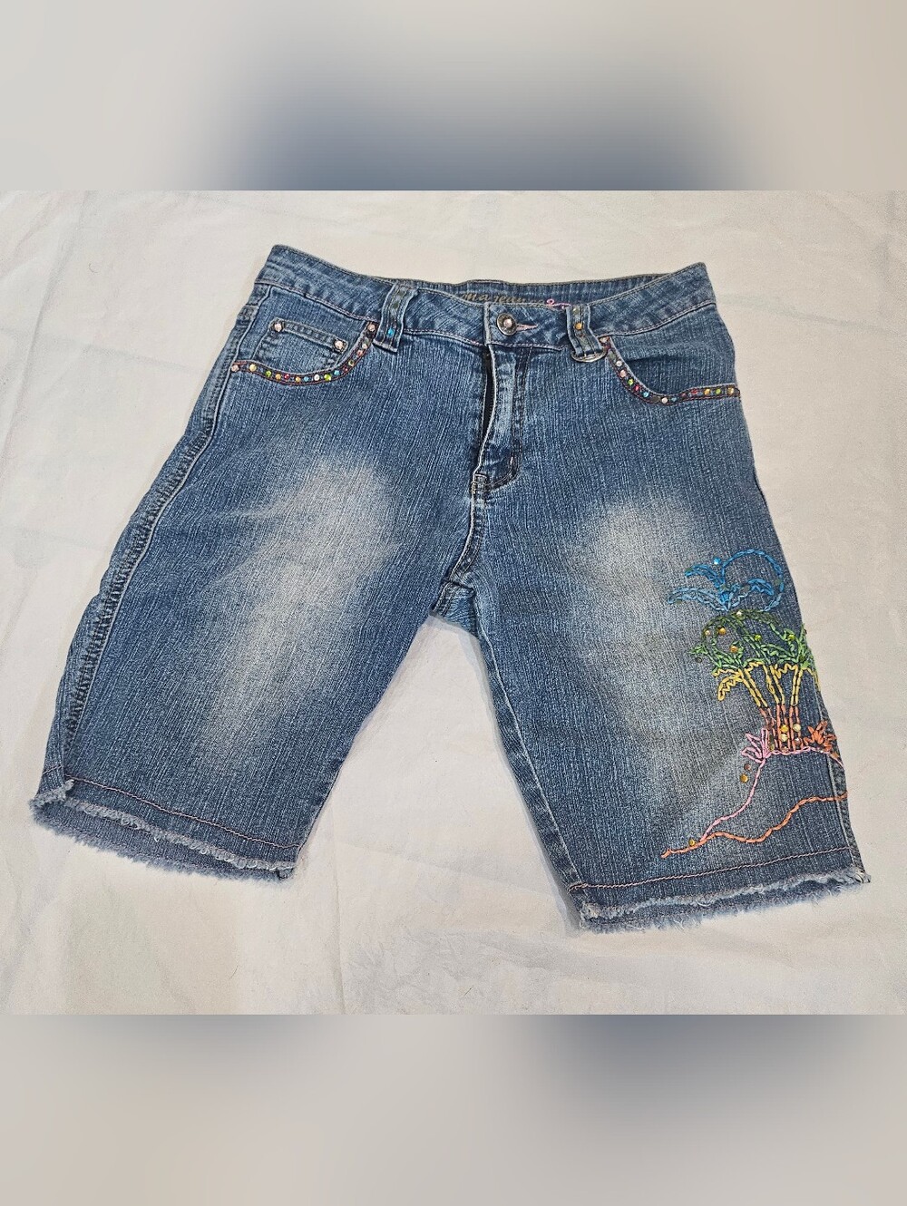 Y2K Arizona Girls Embroidered Palm Tree Denim Jorts Shorts Size 10/12